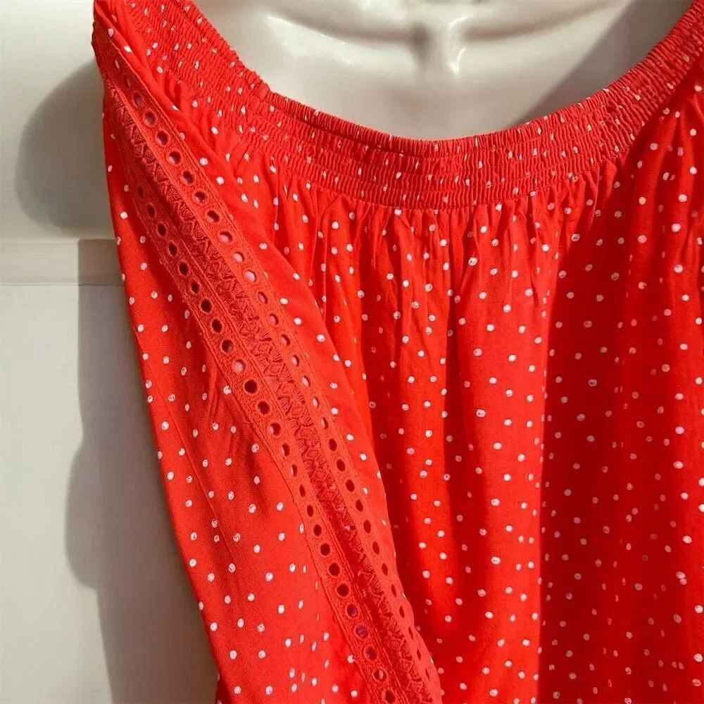 Maurices Red White Polka Dot Smocked Off The Shoulder Flowy Long Sleeve Blouse